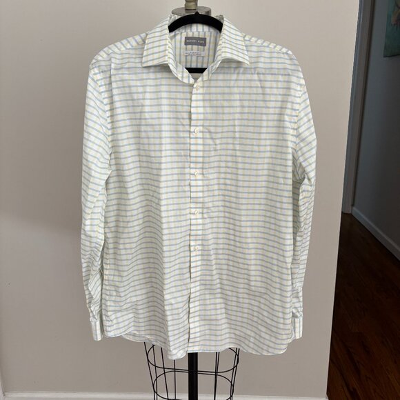 Michael Kors Regular Fit Airsoft Stretch Shirt White Blue Yellow Sz XL 17 34/35 - Picture 1 of 7